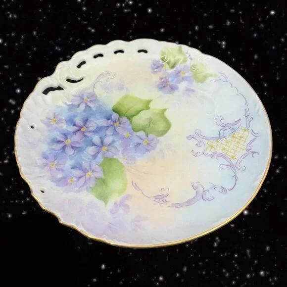 Antique Hand Painted Plate Dish Fine Porcelain Painted Purple Flowers Signed MLN Accents